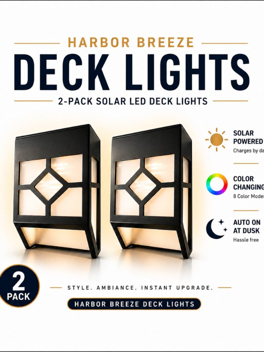 Harbor Breeze Black Solar Deck Lights | Modern Glow - 8 color modes | 2-Pack LED